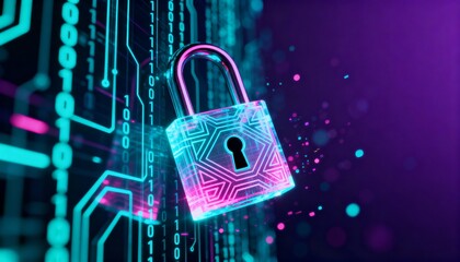 Glowing digital padlock hologram floating in cyberspace, cyber security concept, dark futuristic background with binary code