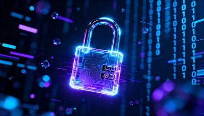 Glowing digital padlock hologram floating in cyberspace, cyber security concept, dark futuristic background with binary code