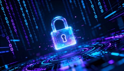 Glowing digital padlock hologram floating in cyberspace, cyber security concept, dark futuristic background with binary code