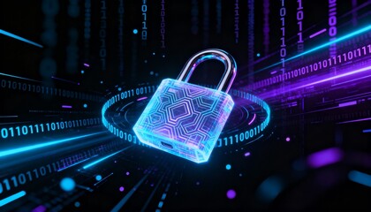 Glowing digital padlock hologram floating in cyberspace, cyber security concept, dark futuristic background with binary code