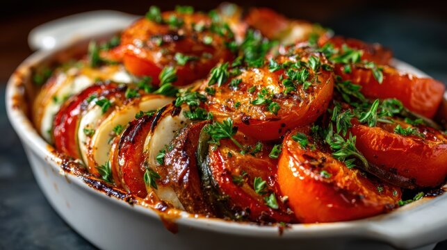 A vibrant and beautifully baked ratatouille, with layers of fresh vegetables and herbs, embodies culinary passion while showcasing the artistry of preparing delicious food.