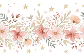Seamless Watercolor Floral Border with Gold Stars 