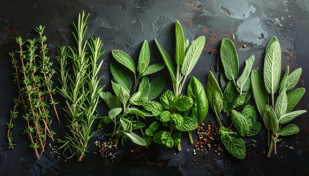 Assortment of Fresh Herbs on a Dark Surface, Culinary and Flavoring Concepts