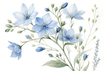 Watercolor Blue Flax Flowers and Buds on White Background blue flowers green leaves