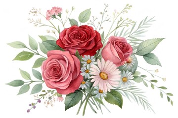 Watercolor Bouquet of Red Roses and Daisies with Green Foliage flowers