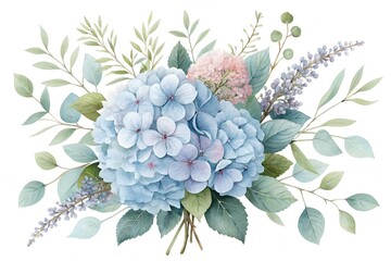 Watercolor bouquet of blue hydrangeas with pink and lavender accents and green leaves 