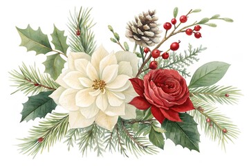 Watercolor Christmas floral arrangement with poinsettia and holly image photo