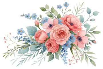 Watercolor Floral Arrangement With Pink Roses and Blue Anemones 