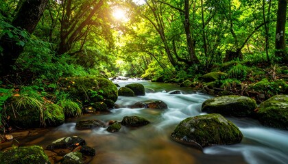 Obraz premium Lush green forest stream with sunlight filtering through the trees.
