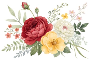 Watercolor floral arrangement with red yellow and white flowers and green leaves image photo