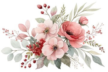 Watercolor floral bouquet with pink roses and eucalyptus leaves image photo
