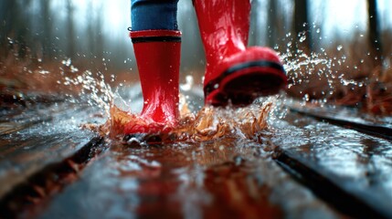 A playful scene of bright red boots splashing in a puddle on a rainy day, evoking feelings of joy and childhood nostalgia amidst nature's elements.