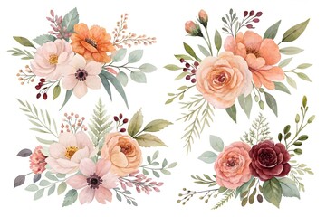 Watercolor Floral Bouquets with Roses and Anemones in Pastel Hues arrangement flowers