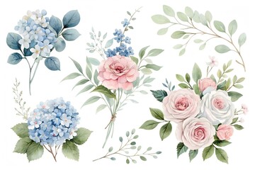 Watercolor floral elements with pink roses blue hydrangeas and green leaves flowers bouquet