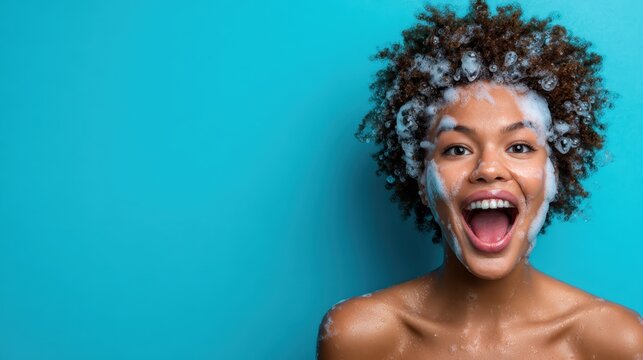 A woman playfully poses with soap bubbles on her face against a bright blue background, radiating joy and lightheartedness in a whimsical and refreshing manner.