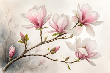 Watercolor painting of pink and white magnolia flowers on a branch image photo