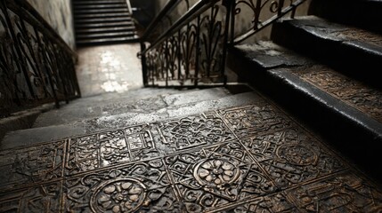 Filigree pavements on the staircase of the old building.