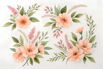 Watercolor peach floral arrangements with green leaves and pink buds flower blossom