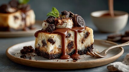 A decadent slice of Oreo cheesecake is adorned with chocolate sauce, crushed cookies, and whipped cream, showcasing a perfect dessert indulgence that tantalizes the senses.