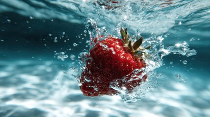 A ripe strawberry makes a captivating splash in clear water, embodying freshness and vitality; this image captures the lively essence of fruit and dynamic movement beautifully.