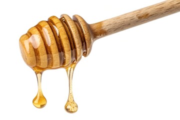 Wooden Honey Dipper with Dripping Golden Honey on White Background image photo
