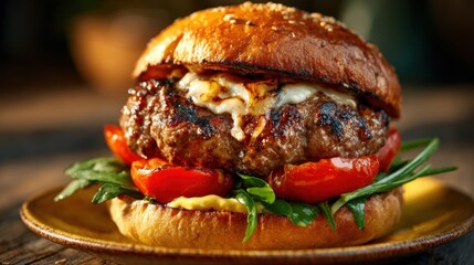 A perfectly grilled hamburger with fresh tomatoes, greens, and a sesame bun is served on a plate, inviting you to enjoy a classic, juicy meal brimming with flavors and textures.