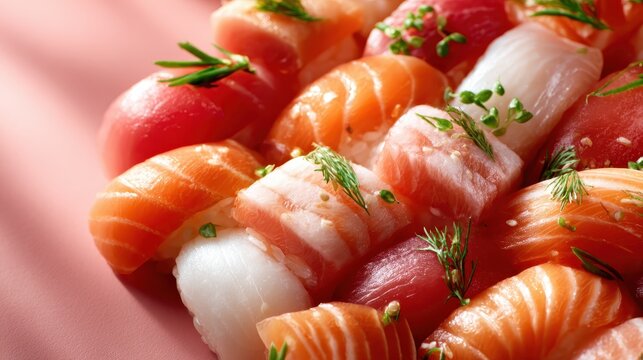 A vibrant assortment of various sushi types, showcasing fresh fish, colorful ingredients, and expert culinary presentation, perfect for sushi lovers and food photography.