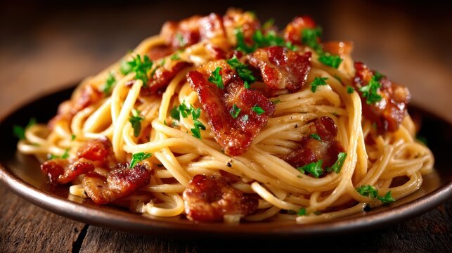 A plate of spaghetti topped with crispy bacon and fresh herbs is artfully presented on a rustic table, celebrating the delightful combination of flavors and culinary craftsmanship.