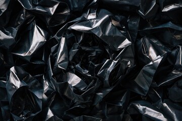 A close-up view of crumpled black material, showcasing intricate folds and textures.