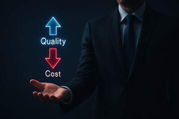 Businessman hand with holographic arrows showing rising quality and falling cost symbolizing efficiency, value and business improvement
