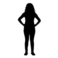 Vector art of silhouette of a confident young woman standing with hands on hips, capturing strength and determination in a simple design