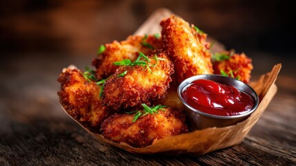 A tempting arrangement of golden-brown fried chicken pieces served with a side of ketchup, garnished with green herbs, evoking a sense of indulgence and home-cooked comfort food.