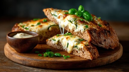 A deliciously melted cheese topping over crunchy bread, beautifully garnished with fresh basil, capturing the essence of Italian cuisine and evoking comfort and home-cooked flavors.