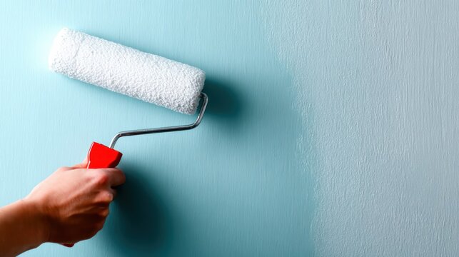 A person painting a wall with a blue roller, showcasing the process of home improvement and creativity in interior decorating through a vibrant color palette and fresh design.