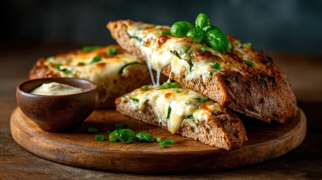 A deliciously melted cheese topping over crunchy bread, beautifully garnished with fresh basil, capturing the essence of Italian cuisine and evoking comfort and home-cooked flavors.