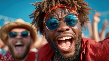 This dynamic image captures the enthusiasm of a crowd at a lively music festival, illustrating moments of joy and connection amidst a festive atmosphere and blue sky.