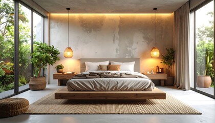 Relaxing Bedroom Interior with Large Windows and Natural Light