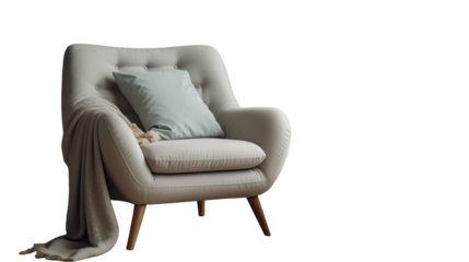 Cozy Light Beige Armchair with Pale Blue Throw Pillow and Soft Grey Blanket in a Dark Setting
