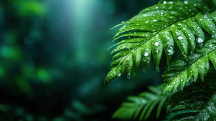 This image showcases vibrant green fern leaves adorned with glistening water droplets, creating a serene and refreshing atmosphere in a lush natural environment.