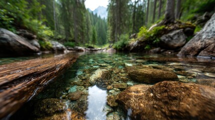 A tranquil river reflects the surrounding lush greenery of towering trees, creating a serene landscape that invites peace and a connection to nature in this beautiful scenery.