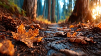 A picturesque view of a forest pathway covered with golden autumn leaves, perfectly capturing the essence of fall and inviting contemplation amidst the tranquil ambiance of nature.