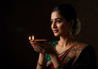 Naklejka premium Woman holding a lit diya during Diwali festival