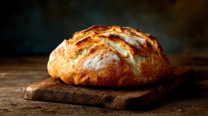 A beautifully crusted artisan bread sits on a wooden cutting board, showcasing the rustic and wholesome appeal of freshly baked goods perfect for culinary displays.