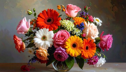 Obraz premium Vibrant bouquet of colorful flowers in a glass vase, showcasing a delightful array of roses, daisies, and gerbera daisies, bathed in warm lighting against a textured backdrop.
