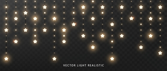 Fototapeta na wymiar Holiday star shiny lights garland. Realistic glowing bulbs vertical decor isolated on dark