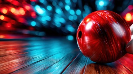 A vibrant red bowling ball rests on a beautifully polished wooden bowling lane, illuminated by colorful lights creating a festive atmosphere of excitement.