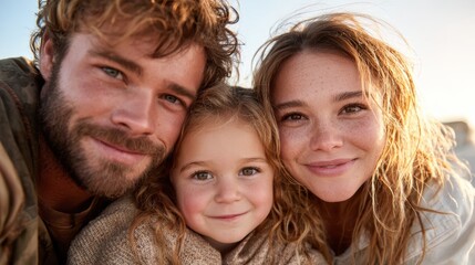 A delightful scene of a smiling family trio, featuring a young girl and her parents huddled closely and radiating joy against a sunny backdrop, emphasizing love and connection.