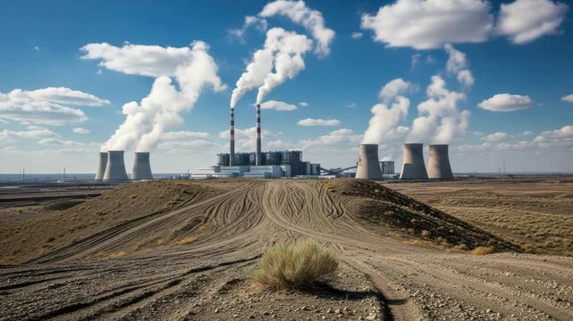 Panoramic view of a coal power plant with smoking chimneys against a blue sky, illustrating energy production, environmental impact, and industrial landscape ai generated vedio