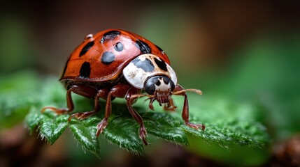 Fototapeta premium A beautifully detailed close-up of a ladybug perched on a green leaf, showcasing intricate colors and patterns that highlight the beauty of nature.