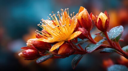 An exquisite image of a vibrant flower amidst dew-covered buds, radiating freshness and allure, capturing the essence of blooming beauty in nature&rsquo;s garden.